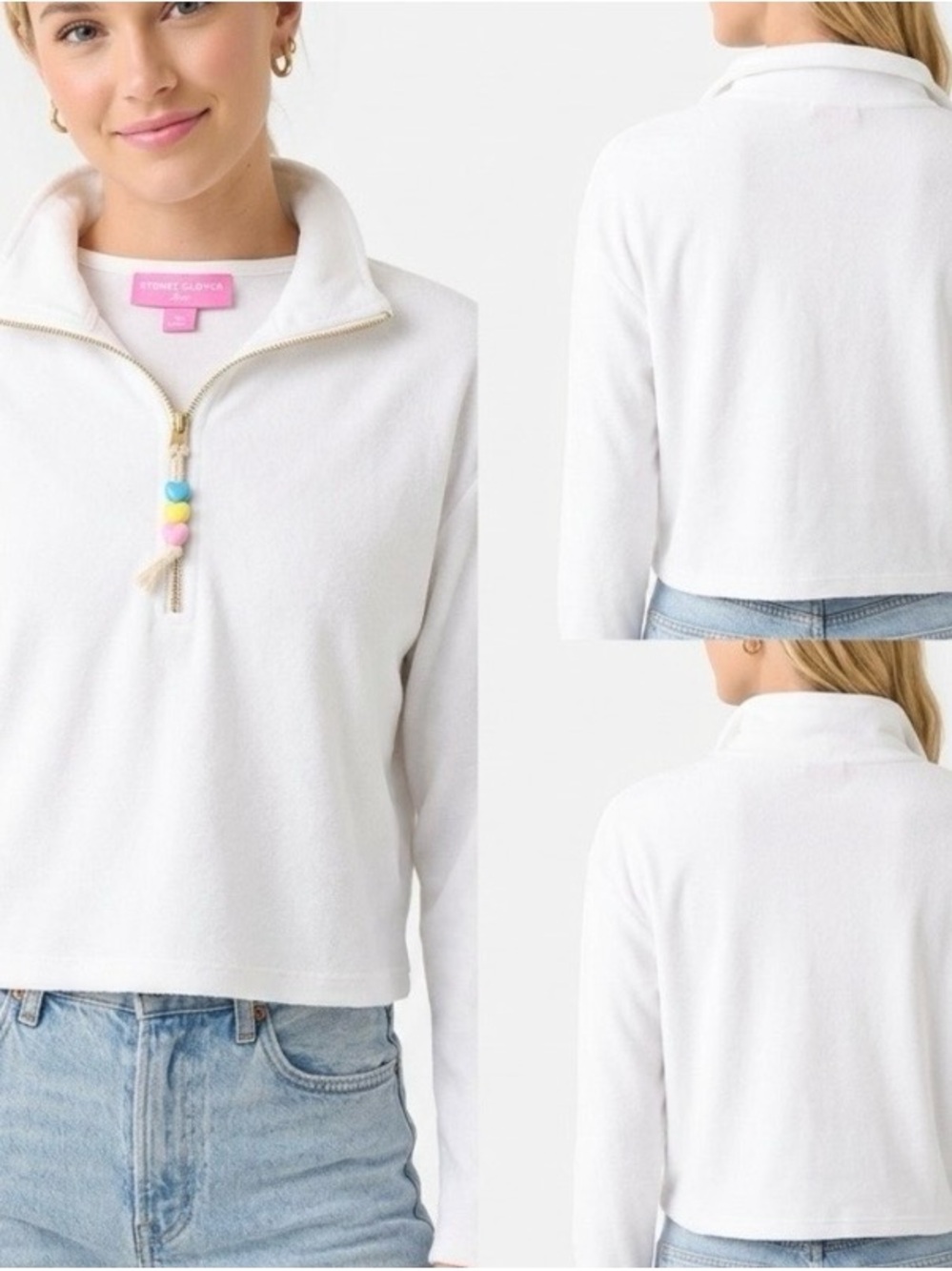 Stoney Clover Lane White Quarter-Zip Pullover with Pastel Heart Bead Pull